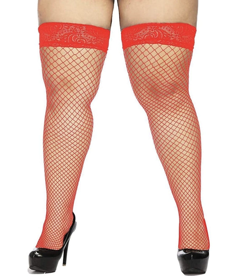 Royal Red Fishnet Thigh High Stockings